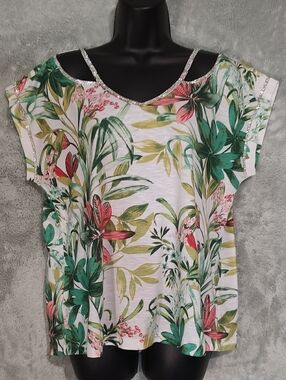 Floral Tropical Cold-Shoulder Women's Top - Green/White